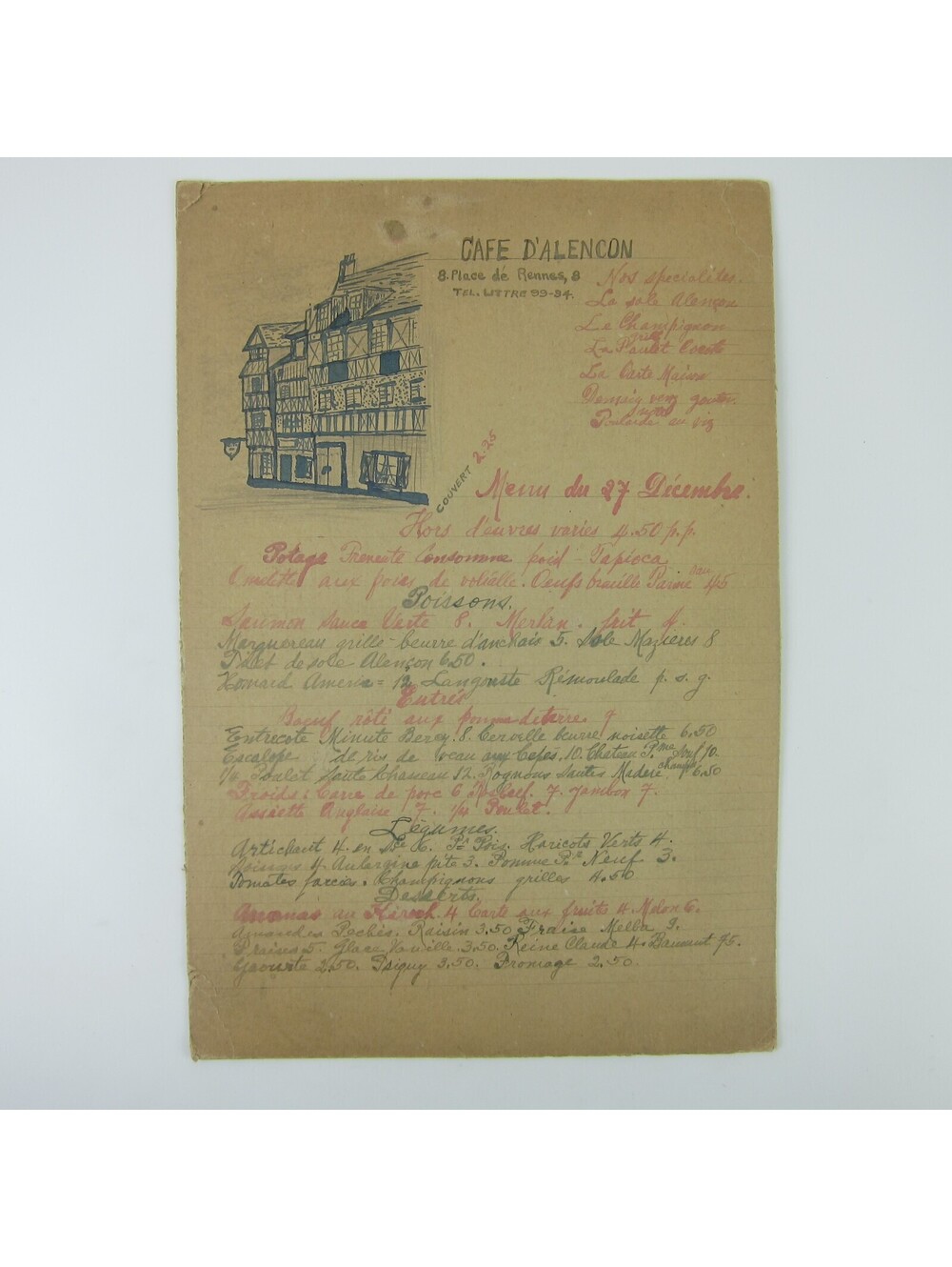 Antique 1920s Menu Cafe D'Alencon Montparnasse Paris France Wine Prices Handmade